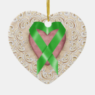 Ornement Cœur En Céramique Ruban du cancer du rein vert du coeur - SR