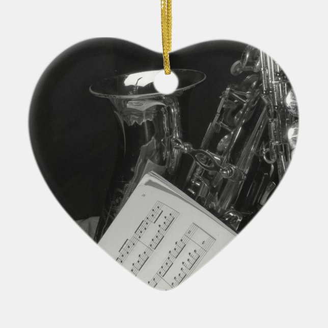 Ornement Cœur En Céramique Saxaphone et musique de feuille (Devant)
