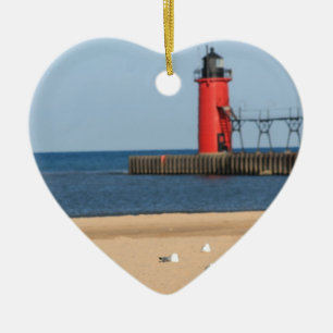 Ornement Cœur En Céramique Scène de plage avec les mouettes et le phare