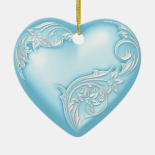 Ornement Cœur En Céramique Scroll de coeur Ciel bleu avec blanc