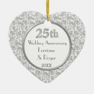 Ornement Cœur En Céramique Silver Floral Elegance 25e anniversaire Mariage