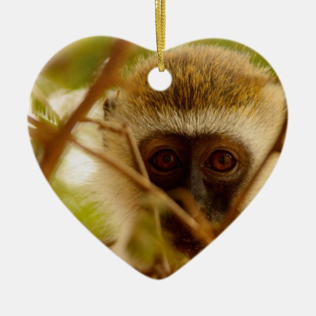 Ornement Cœur En Céramique Singe effronté. (Devant)