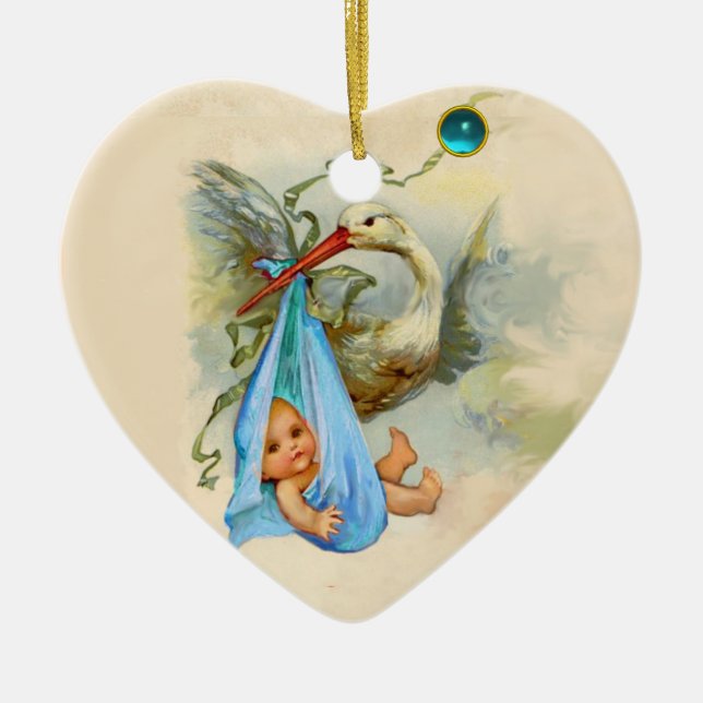 ORNEMENT CŒUR EN CÉRAMIQUE STORK BÉBÉ GARÇON DOUCHE COEUR MONOGRAM BLEU SAPPH (Devant)