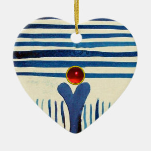 ORNEMENT CŒUR EN CÉRAMIQUE STRIPES BLEUS ET COEUR ROUGE RUBY
