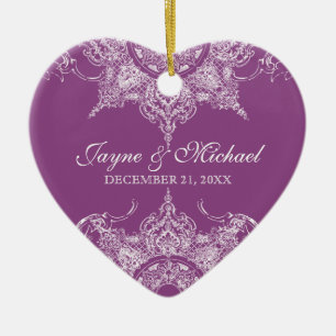 Ornement Cœur En Céramique Toile Damask Swirl First Christmas Plum