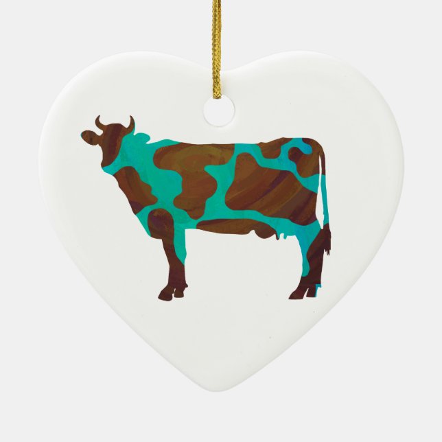 Ornement Cœur En Céramique Vache Silhouette Brown et Turquoise (Dos)