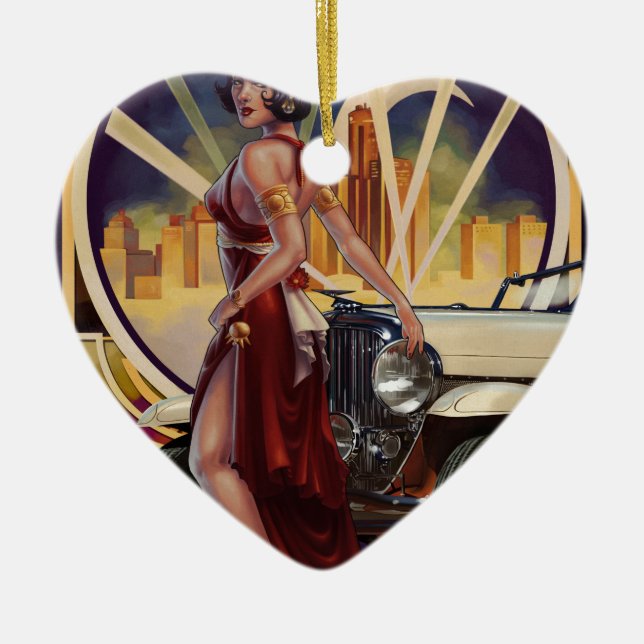 Ornement Cœur En Céramique Ville de moteur de Detroit, Michigan | (Devant)