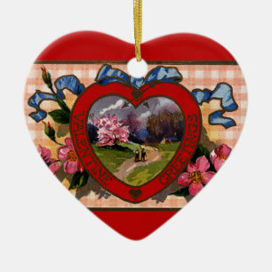 Ornement Cœur En Céramique Voeux de la Saint-Valentin vintage Cœur et Fleurs