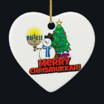 Ornement Cœur En Céramique White Merry Chrismukkah avec Snowman et Menorah<br><div class="desc">Ajoutez ces ornements interconfessionnels amusants (Hanoukka et Noël) à vos célébrations de Chrismukkah cette année. Si vous fêtez les fêtes ensemble, c'est une bonne touche.C'est notre design et vous ne le trouverez nulle part ailleurs que dans notre magasin. Le chrismukah est célébré par des gens qui vivent généralement dans des...</div>