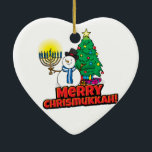 Ornement Cœur En Céramique White Merry Chrismukkah avec Snowman et Menorah<br><div class="desc">Ajoutez ces ornements interconfessionnels amusants (Hanoukka et Noël) à vos célébrations de Chrismukkah cette année. Si vous fêtez les fêtes ensemble, c'est une bonne touche.C'est notre design et vous ne le trouverez nulle part ailleurs que dans notre magasin. Le chrismukah est célébré par des gens qui vivent généralement dans des...</div>