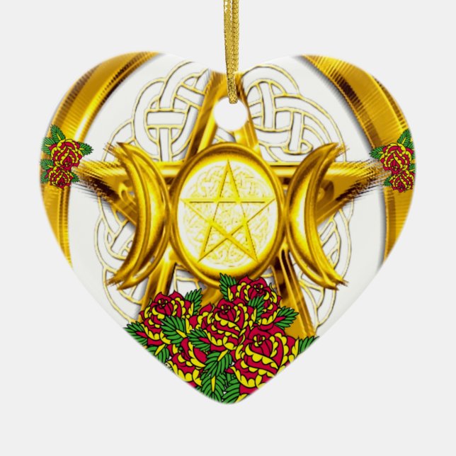 Ornement Cœur En Céramique Wiccan Pagan Pentacle Gold avec Roses (Devant)