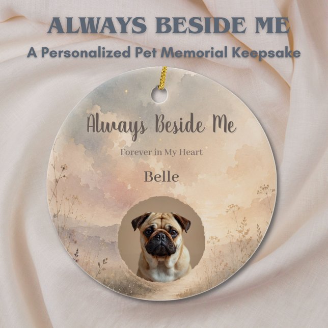 Ornement commémoratif pour animal de compagnie – P (Personalized pet memorial ornament with custom photo and soft watercolor Rainbow Bridge art.)