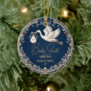 Ornement d'annonce de bébé Navy Silver Stork