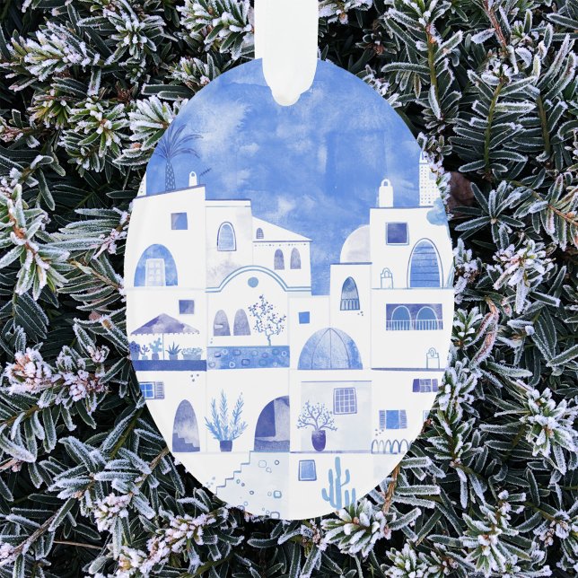 Ornement d'aquarelle de Santorin Grèce (Santorini blue and white watercolor art Christmas ornament)