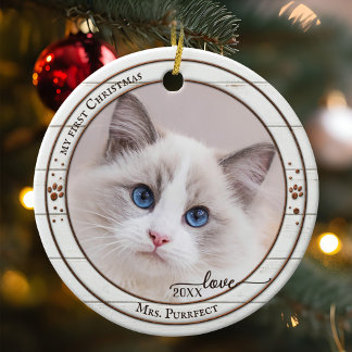 Ornement de chat mignon en bois blanc rustique ave