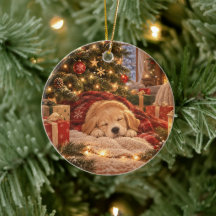 Ornement de chien endormi sous l'arbre de Noël
