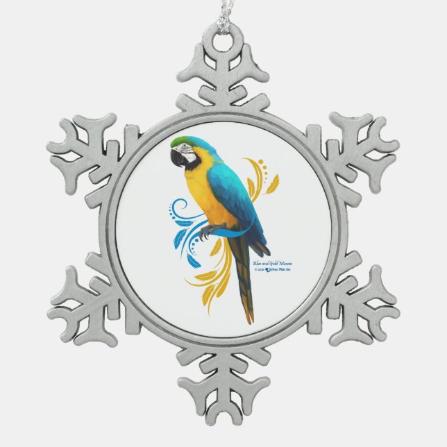 Ornement de flocon de neige bleu et or Macaw (Devant)