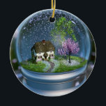 Ornement de globe de fleurs de cerisier<br><div class="desc">À l'intérieur d'un "globe de neige" est un paysage de ressort avec un cottage éclipsé par l'érable et les cerisiers. Le champ herbeux environnant est rempli de fleurs, de mufliers et de bleuets de ressort dans des couleurs en pastel. Les roses et le lierre escaladent le mur de la petite...</div>