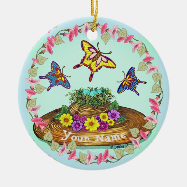 Ornement de nid d'oiseau à chapeau fleuri (Devant)