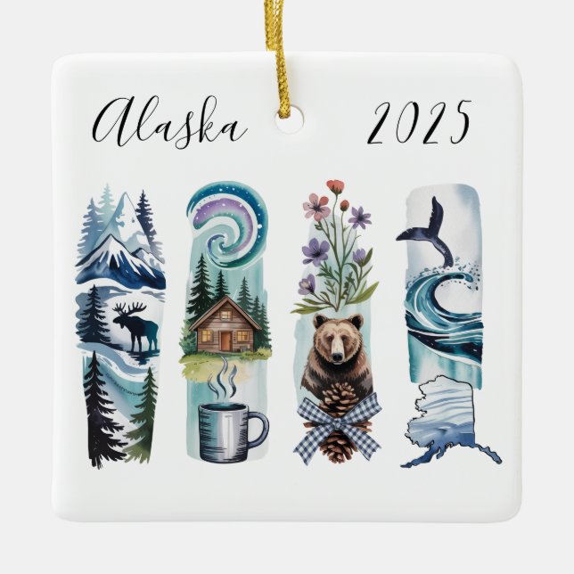 Ornement de Noël à l'aquarelle de l'État d'Alaska  (Devant)