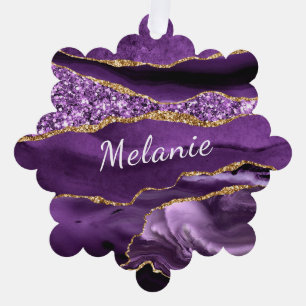 Ornement de Noël avec carte "Purple Gold Your Name