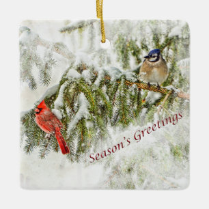 Ornement de Noël avec le geai cardinal et bleu