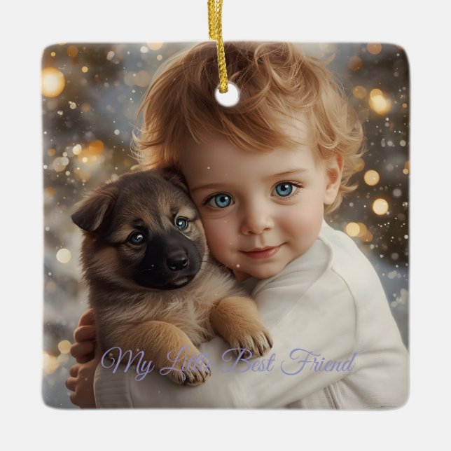 Ornement de Noël Bébé et Chiot Magie (Devant)
