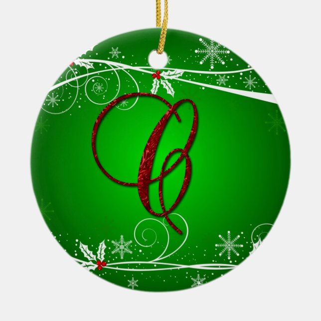 Ornement de Noël C initial rouge vert houx (Devant)