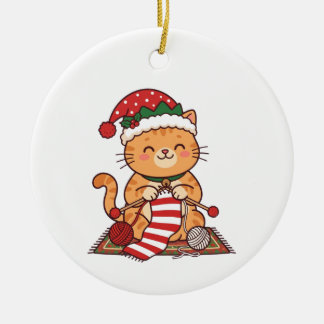 Ornement de Noël Cadeau Chat Tricotant Écharpe