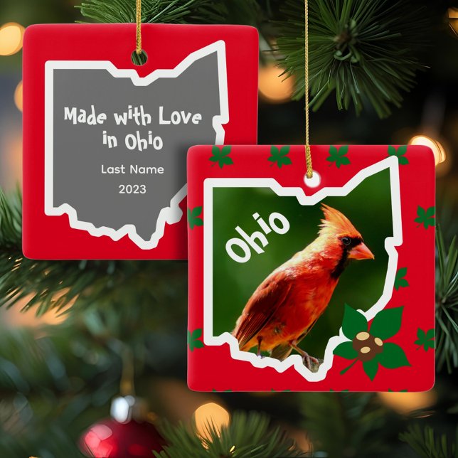 Ornement de Noël de l'Ohio avec Cardinal et Buckey (A Buckeye Ohio Christmas ornament with the state's bird and tree also allows you to customize.)
