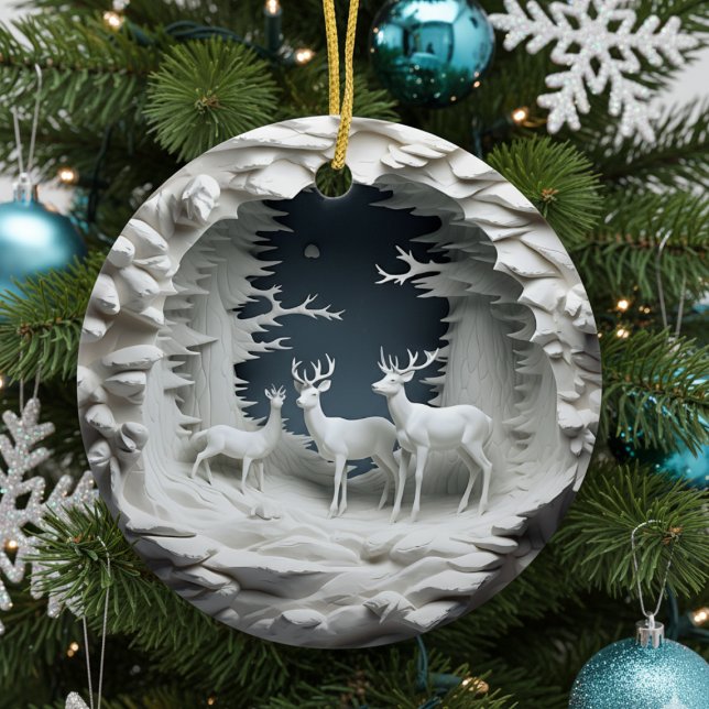 Ornement de Noël du renne 3D (3d effect deer reindeer in winter blue white christmas tree ornament )