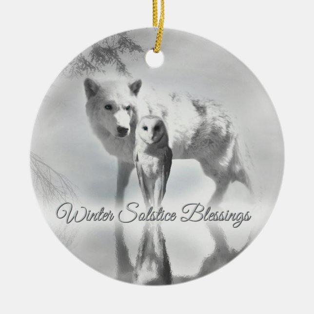 Ornement de Noël du solstice de loup et de hibou (Devant)