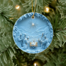 Ornement de Noël élégant bleu Scène de la Nativité