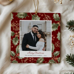 Ornement de Noël élégant de couple au houx avec ph