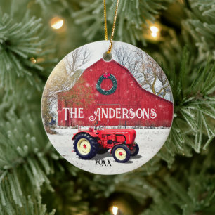 Ornement de Noël en céramique du tracteur rouge an