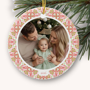 Ornement de Noël en céramique pastel rond avec pho