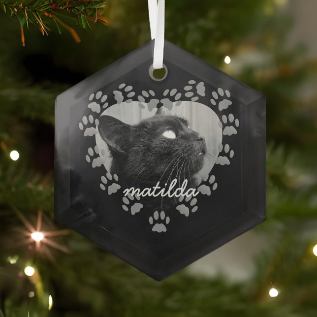 Ornement de Noël en forme de coeur avec empreinte  (Just add your cat photo and name)