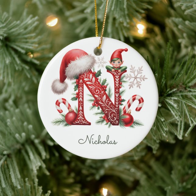 Ornement de Noël en forme de lutin avec monogramme (Arbre)