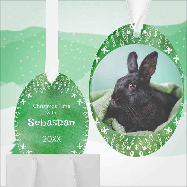 Ornement de Noël en forme d'ovale vert avec lapin  (Créateur téléchargé)