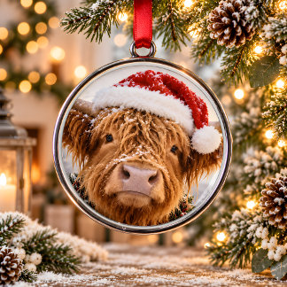Ornement de Noël en métal Vache Highland en Santa