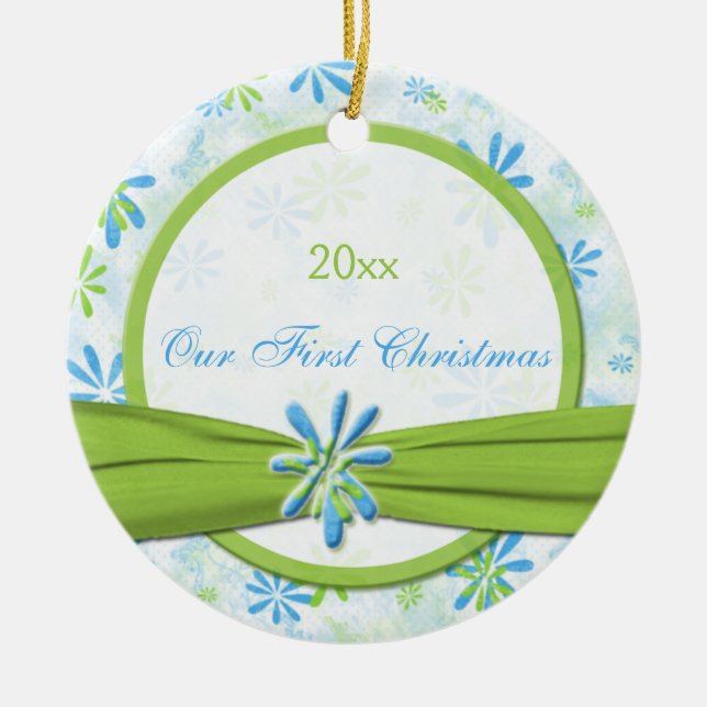 Ornement de Noël Floral Vert et Bleu (Devant)