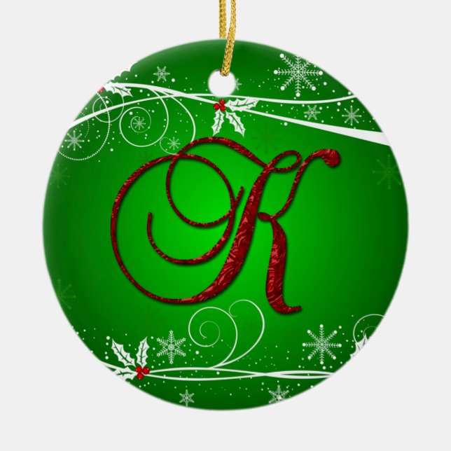 Ornement de Noël K initial en Rouge Vert Holly (Devant)