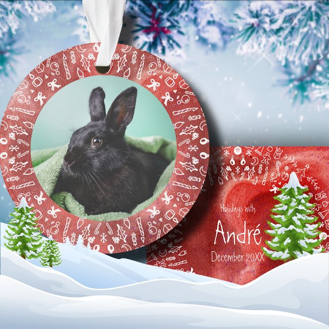 Ornement de Noël Lapin DIY sur fond rouge (Créateur téléchargé)