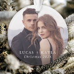 Ornement de Noël personnalisé romantique à 2 photo<br><div class="desc">Commémorez votre premier Noël en couple avec ce joli ornement de 2 photos qui comprend un modèle texte pour vos noms et l'année. Il fait un souvenir durable de chérir célébrer les fêtes en couple.</div>