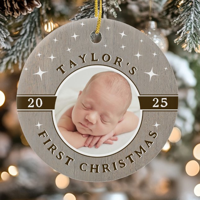 Ornement de Noël photo pour bébé rustique (Rustic Baby's First Christmas Photo Ornament)