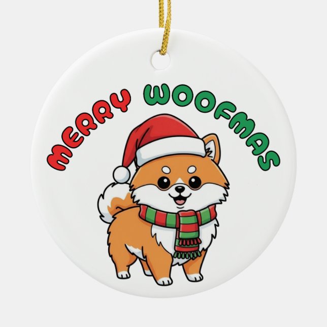 Ornement de Noël Poméranie : Joyeux Woofmas (Devant)