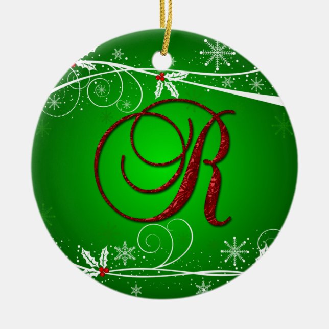 Ornement de Noël R initiale verts rouges de houx (Devant)