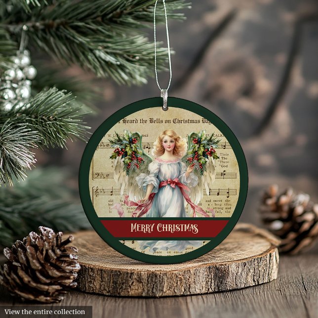 Ornement de Noël rétro Ange Design Vert Rouge (Retro Christmas Ornament Green Red Angel Design)