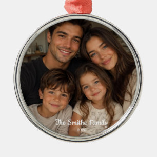 Ornement de Noël Rond en Argent Photo de Famille