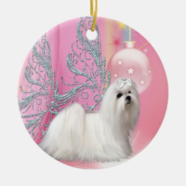Ornement de Noël rose pour chien maltais chiot (Devant)